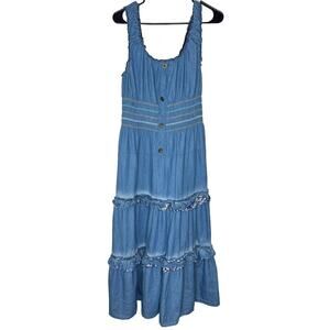 Red + Olive Large Sleeveless Smocked Chambray Blue Tier Maxi Dress Cottagecore